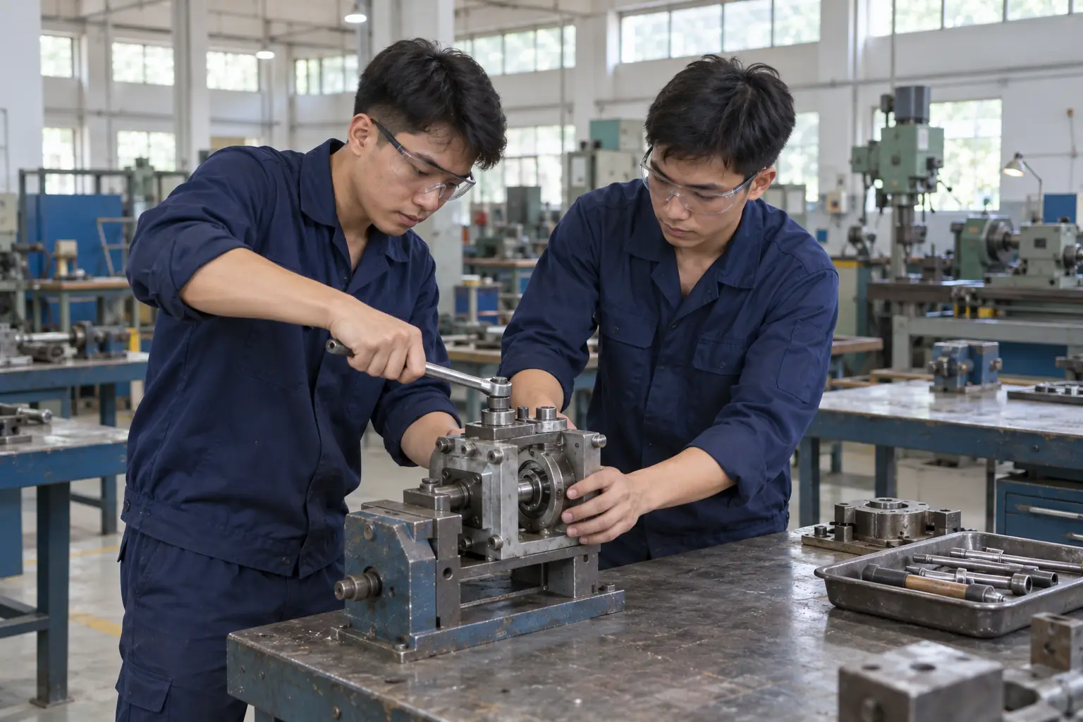 Hai nam sinh viên đeo kính bảo hộ cùng thực hành điều chỉnh cụm máy trên bàn trong xưởng cơ khí.