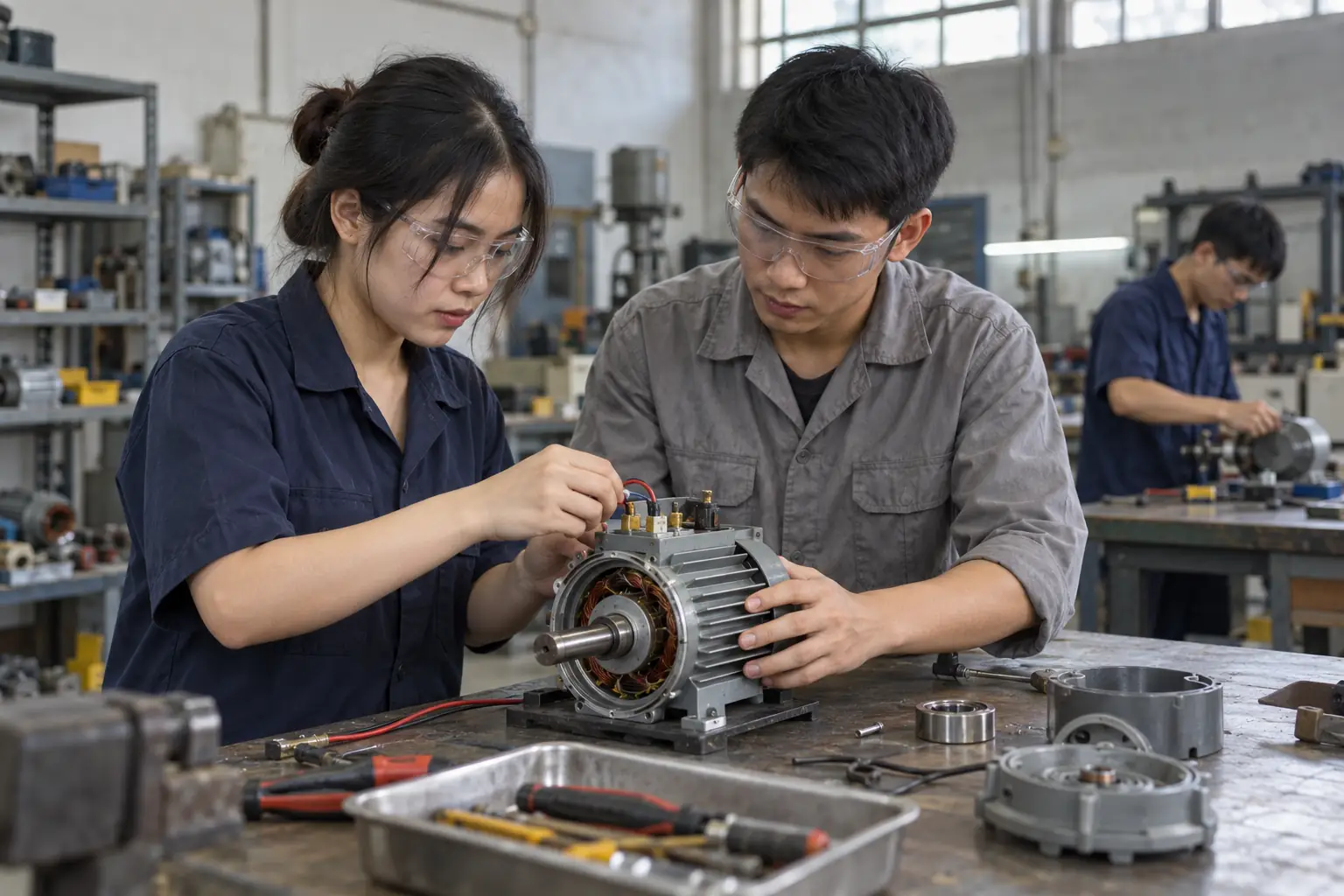 Hai học viên trẻ đeo kính bảo hộ phối hợp lắp ráp động cơ điện tại bàn thực hành trong xưởng nghề, phía sau có một người đang làm việc.