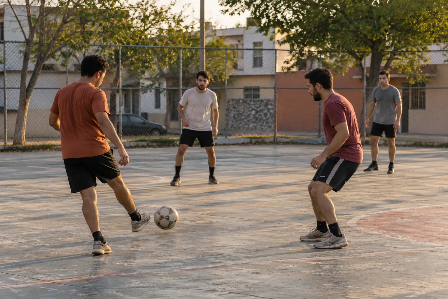Bốn người đàn ông tập chuyền bóng trên sân cộng đồng ngoài trời, giữa hàng rào lưới và nhà dân.