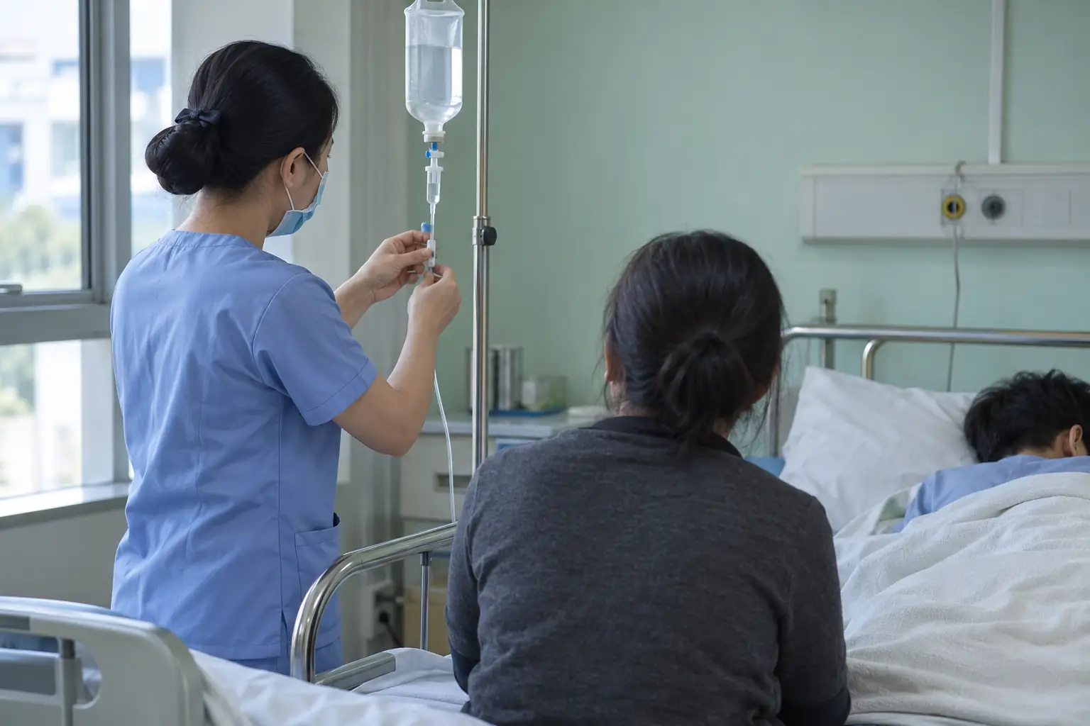 Điều dưỡng điều chỉnh dây truyền dịch cạnh giường bệnh, người chăm sóc ngồi bên và bệnh nhân quay mặt đi trong phòng bệnh.