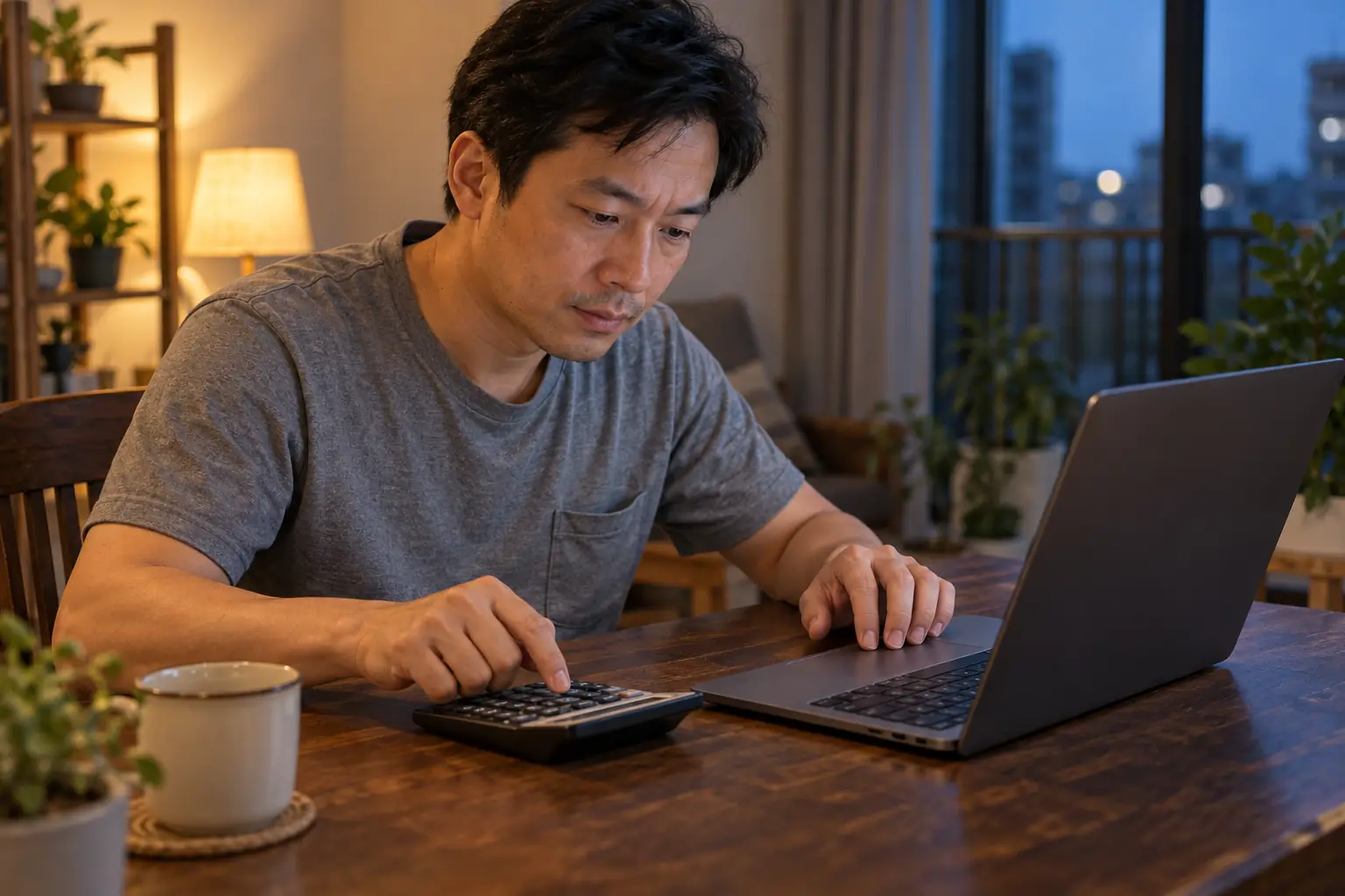 Người đàn ông ngồi tại bàn trong nhà, sử dụng máy tính cầm tay bên cạnh laptop để đối chiếu phép tính.
