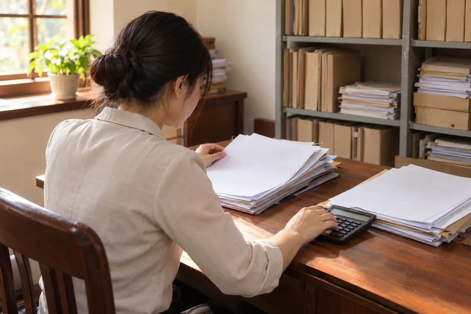 Một phụ nữ xem các tập hồ sơ và dùng máy tính cầm tay tại bàn làm việc trong phòng lưu trữ.