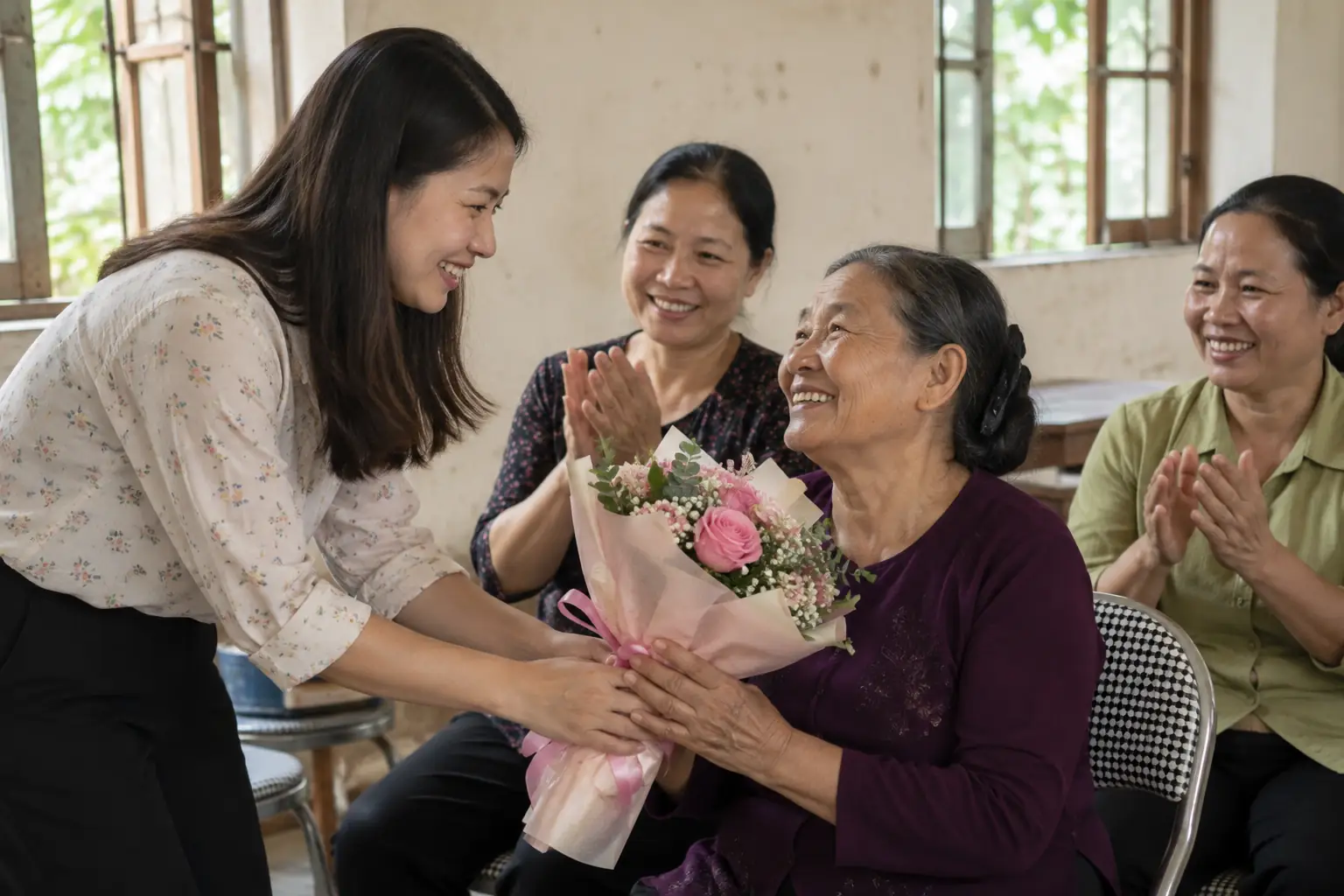 Một phụ nữ trẻ trao bó hoa cho người phụ nữ lớn tuổi, hai phụ nữ bên cạnh mỉm cười và vỗ tay trong căn phòng sáng tự nhiên.