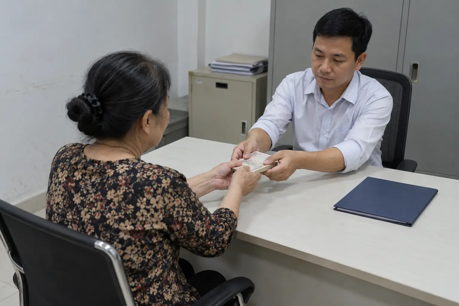 Ảnh AI minh họa một nam nhân viên trao tiền cho người phụ nữ lớn tuổi ngồi đối diện tại bàn làm việc.