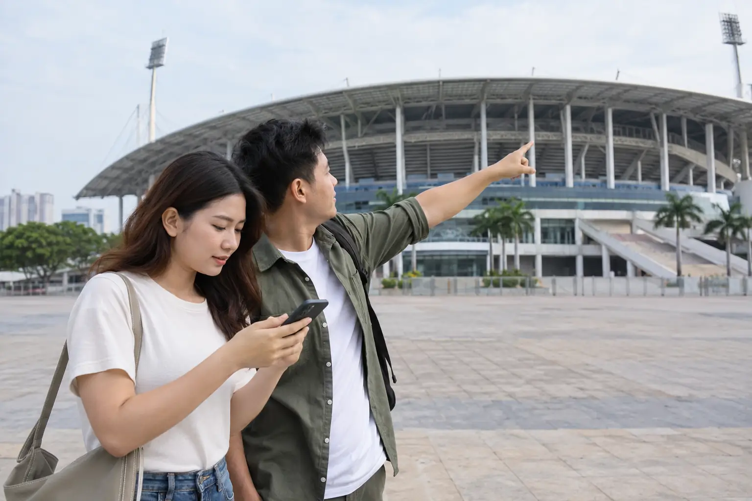 Hai người đứng trước sân vận động, người phụ nữ xem điện thoại còn người đàn ông chỉ tay về phía lối vào.