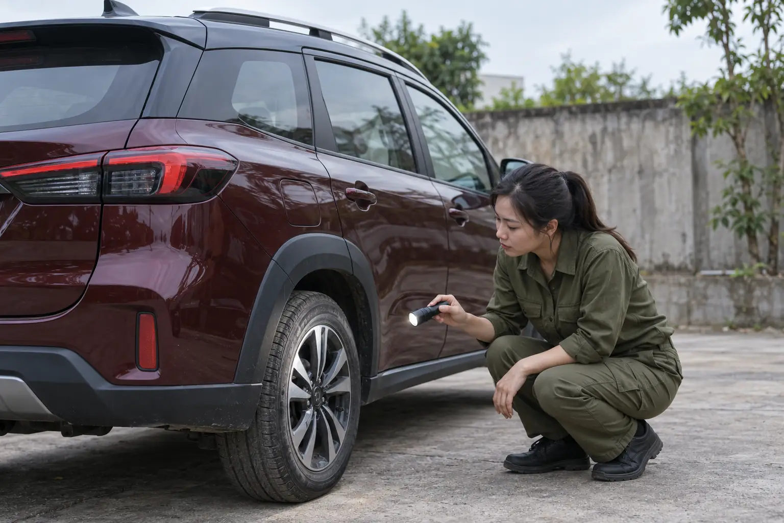 Một phụ nữ mặc đồ bảo hộ ngồi xổm, dùng đèn pin kiểm tra mâm bánh sau của ô tô màu đỏ sẫm tại sân ngoài trời.
