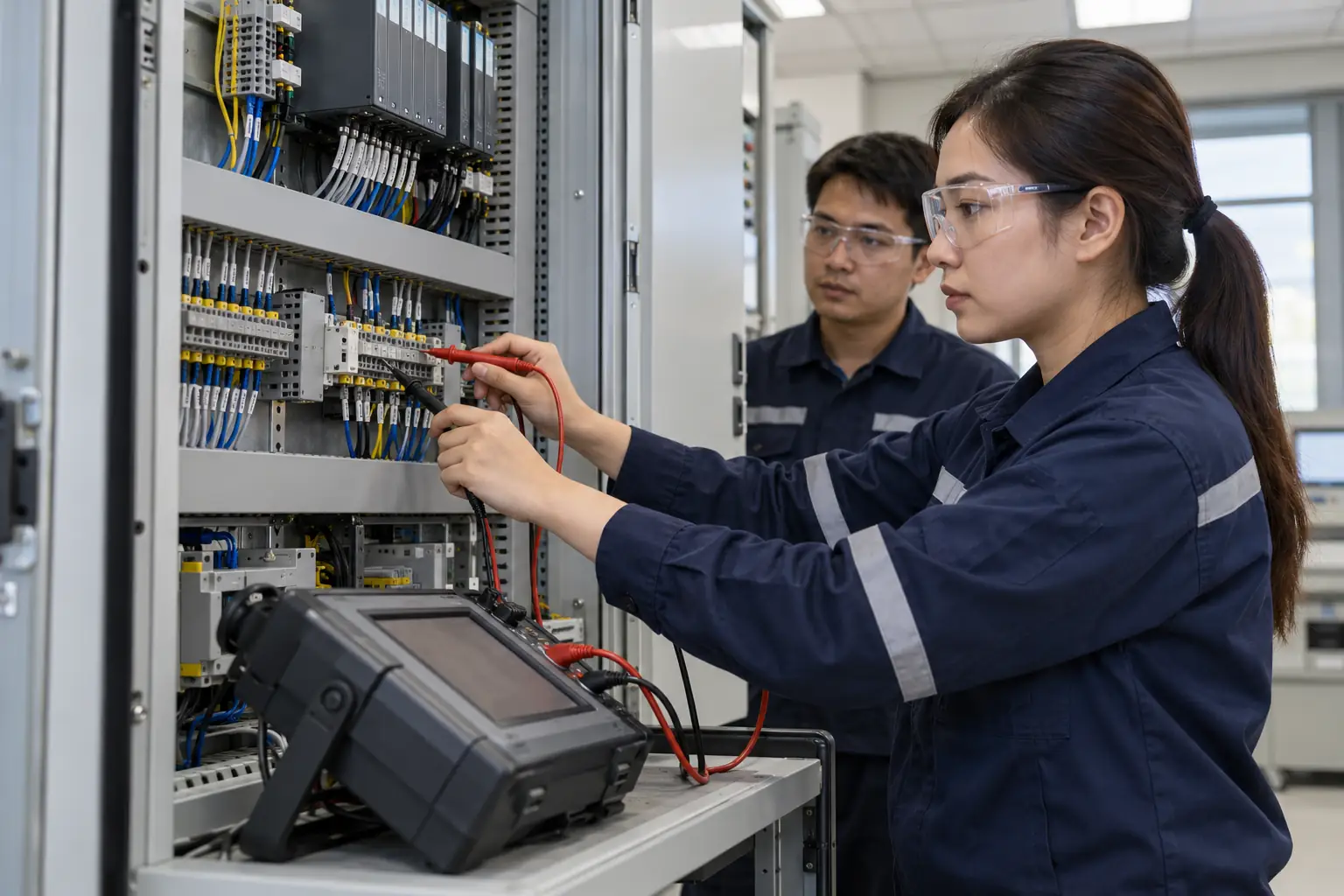 Hai kỹ thuật viên kiểm tra tủ điện bằng thiết bị đo trong phòng kỹ thuật, minh họa công đoạn kiểm tra trước vận hành.