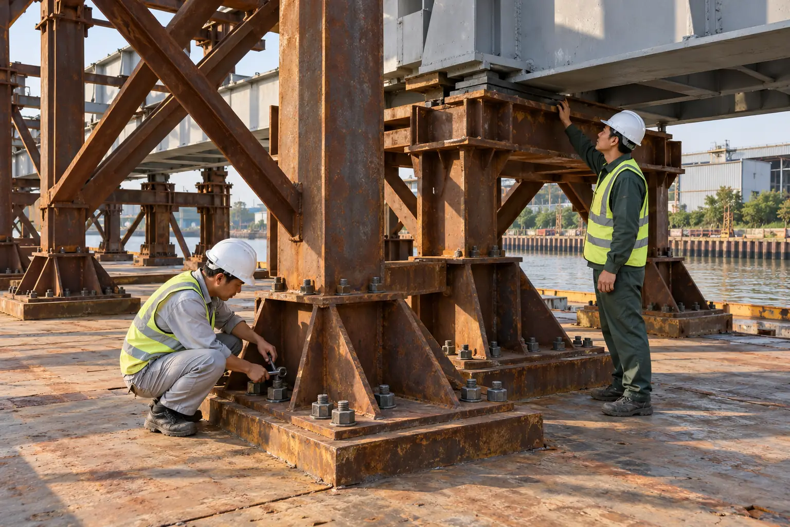 Hai công nhân kiểm tra bu lông chân trụ và điểm tiếp xúc của hệ khung thép đỡ dầm cầu trên sà lan.