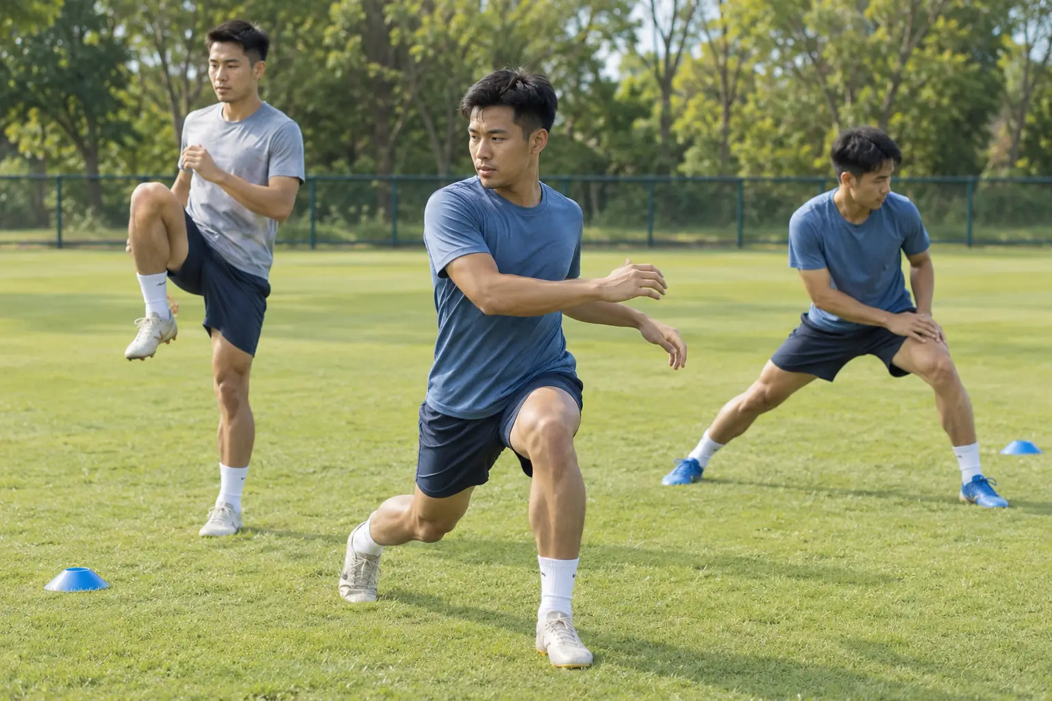 Ba cầu thủ khởi động trên sân cỏ buổi sáng với các động tác nâng gối, chùng chân xoay thân và giãn chân ngang.