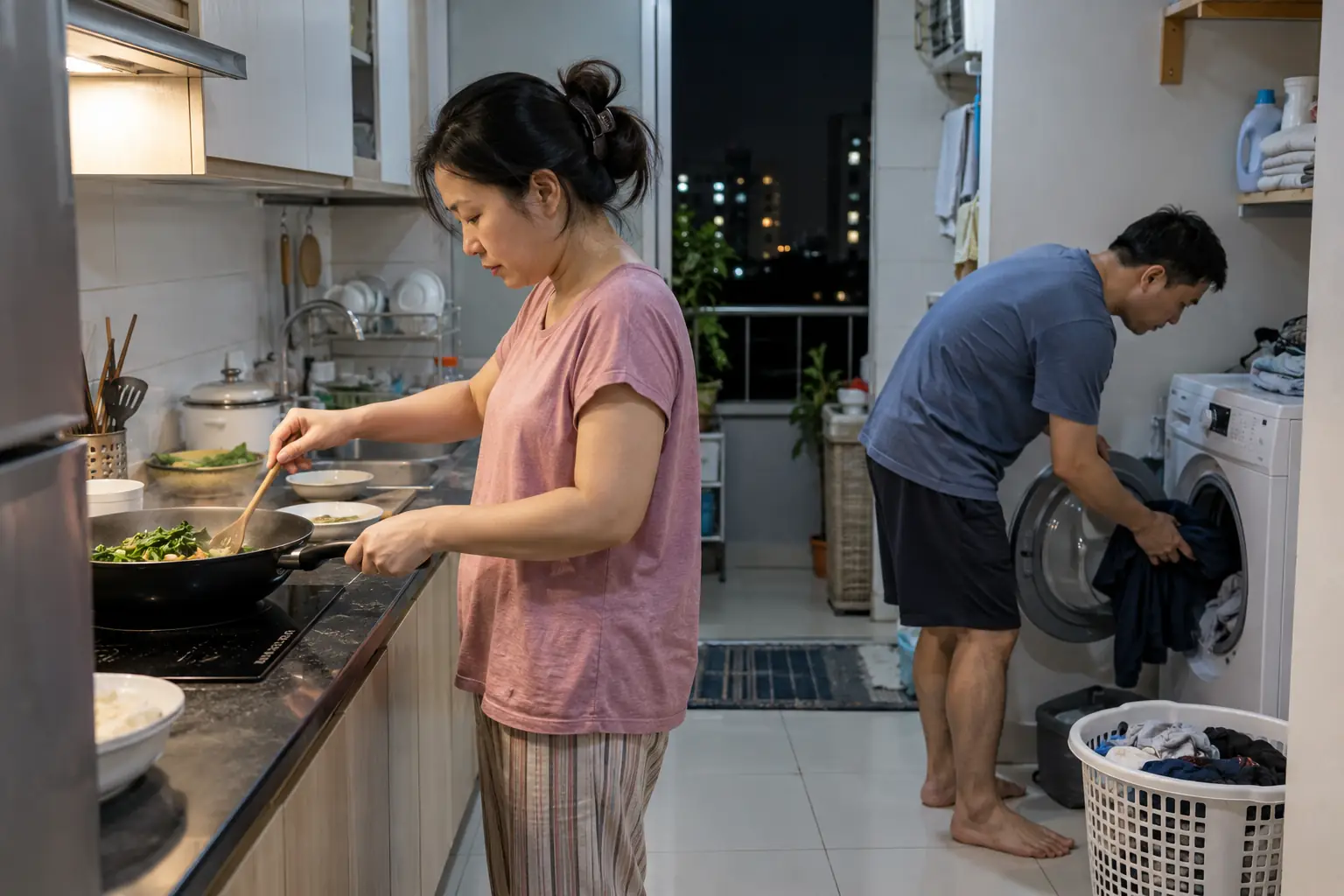 Người phụ nữ nấu ăn trên bếp điện, người đàn ông cho quần áo vào máy giặt trong căn hộ buổi tối.