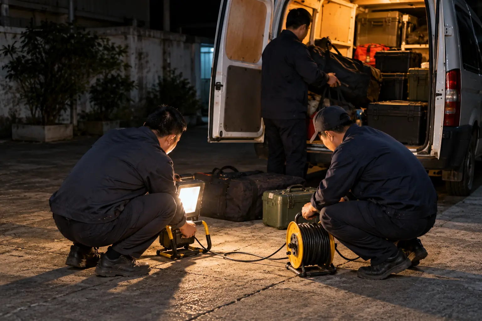 Ba người chuẩn bị thiết bị cạnh xe: hai người kiểm tra đèn chiếu sáng và cuộn dây điện, một người sắp xếp túi đồ trong khoang xe.