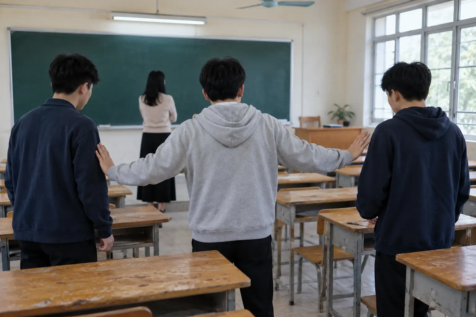 Minh họa AI: một học sinh dang hai tay giữa hai bạn trong lớp học, cô giáo đứng phía trước bảng; các nhân vật được nhìn từ phía sau.
