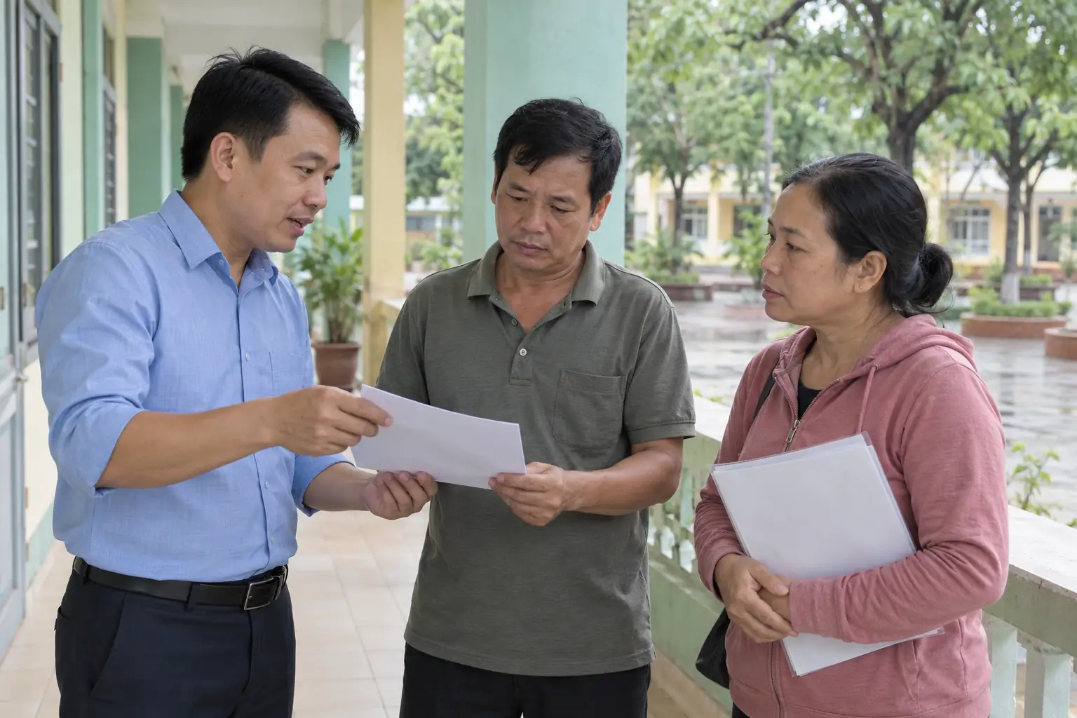 Ảnh minh họa AI: nhân viên nhà trường trao đổi giấy thông tin với hai phụ huynh tại hành lang nhìn ra sân trường.