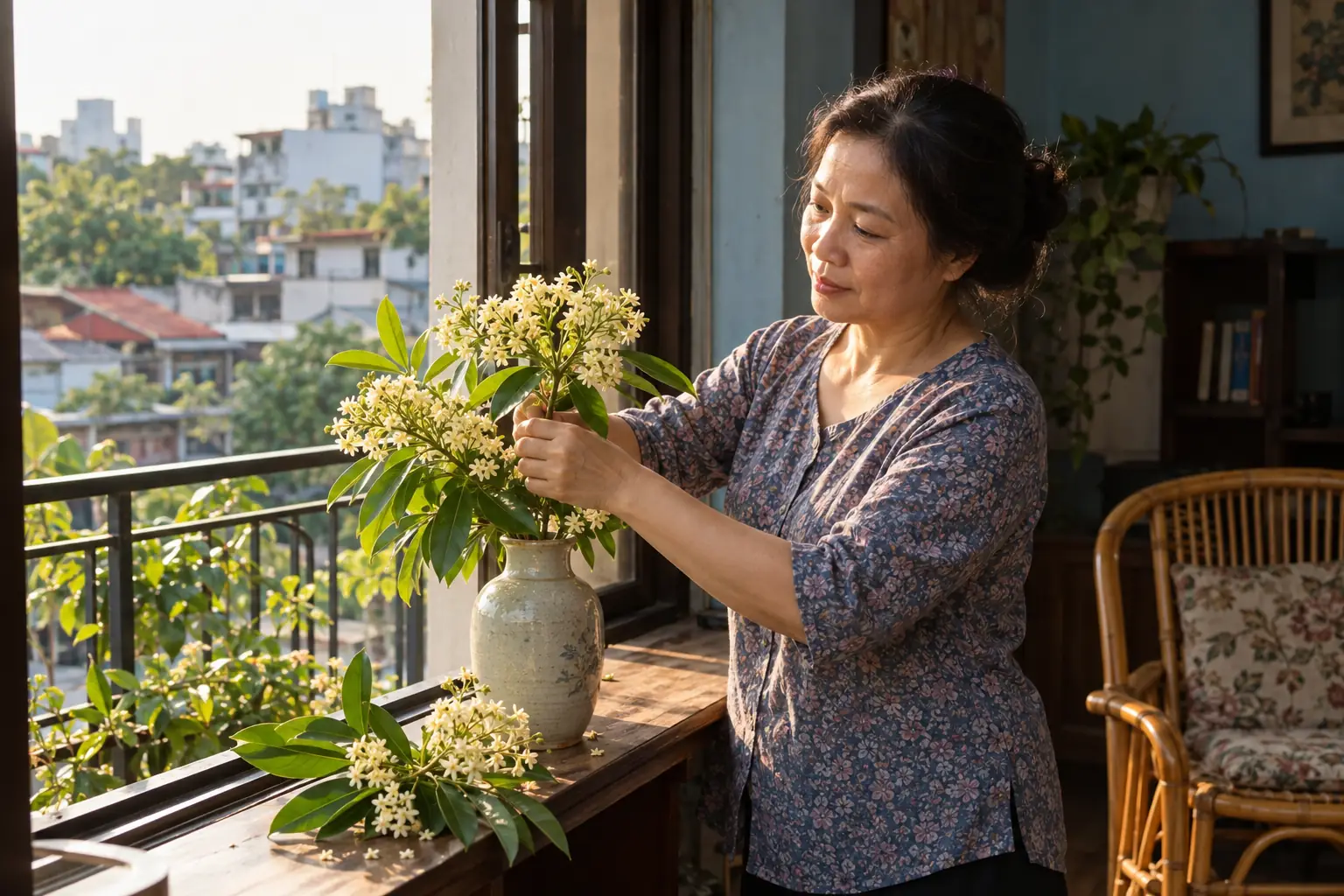 Người phụ nữ cắm cành hoa sữa vào bình gốm bên cửa sổ trong nhà, dưới ánh nắng ấm.