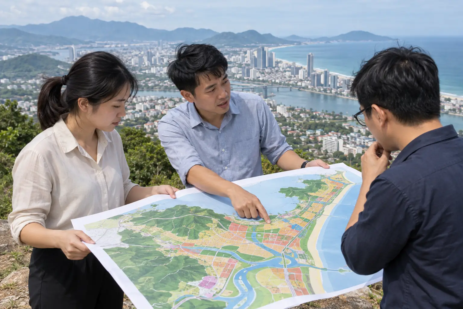Ba người cùng xem bản đồ quy hoạch trên điểm cao, phía sau là đô thị ven biển và những dãy núi.