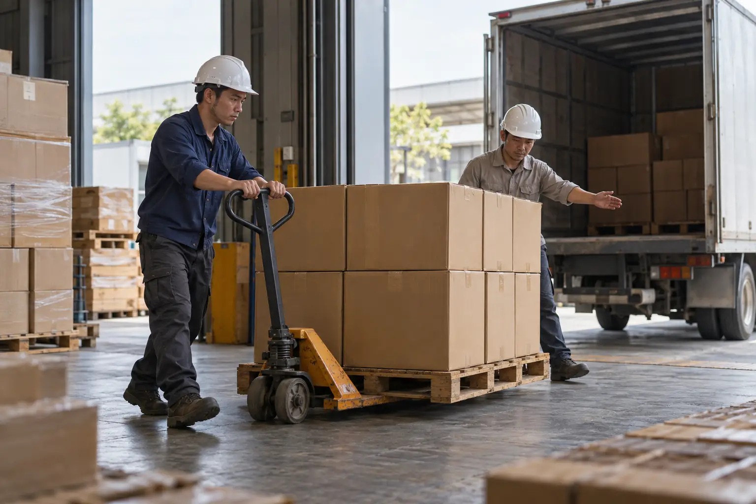 Hai công nhân đội mũ bảo hộ phối hợp di chuyển pallet thùng hàng bằng xe nâng tay tại khu bốc dỡ cạnh xe tải.