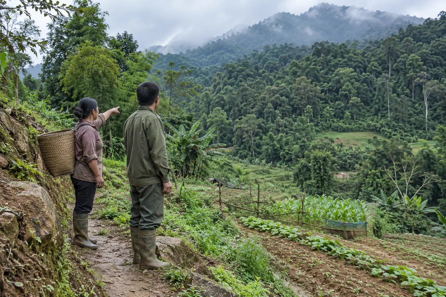Hai người đứng trên lối mòn cạnh nương trồng, người phụ nữ đeo gùi chỉ về sườn núi phủ rừng phía trước.