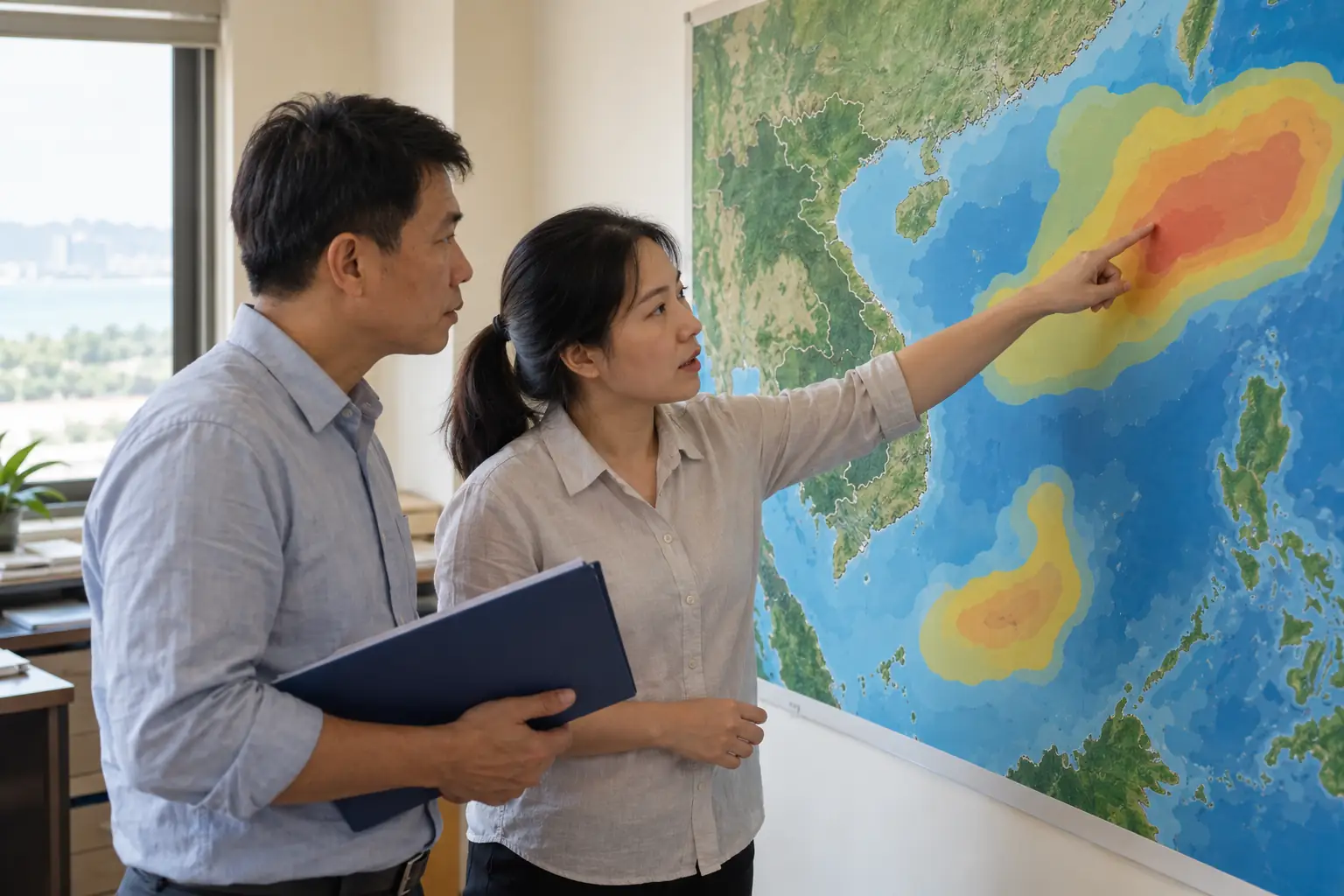 Hai người cùng xem bản đồ biển trong phòng làm việc, người phụ nữ chỉ vào vùng màu ngoài khơi phía đông bắc.