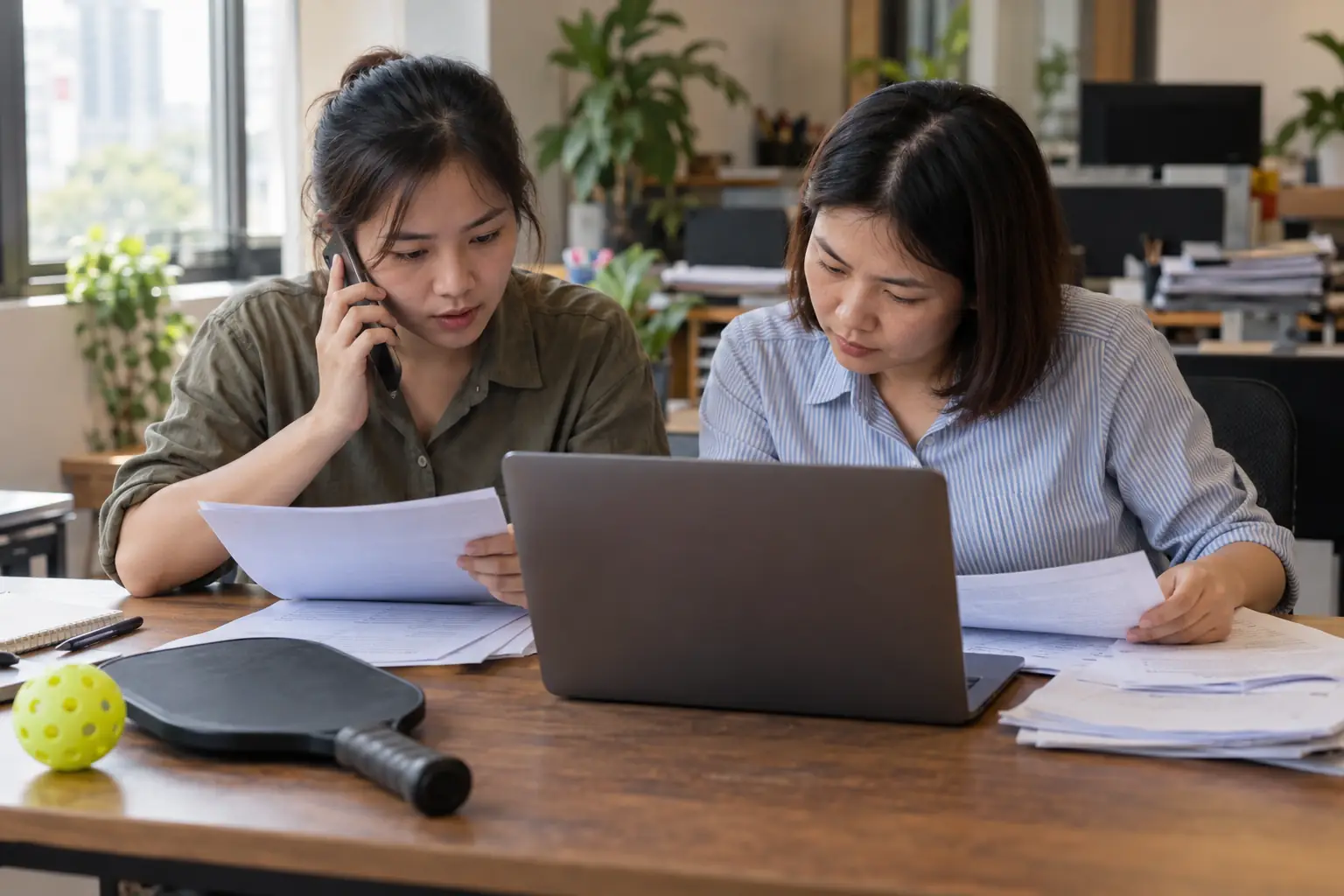 Hai phụ nữ đối chiếu giấy tờ bên máy tính, một người đang nghe điện thoại; vợt và bóng pickleball đặt trên bàn.