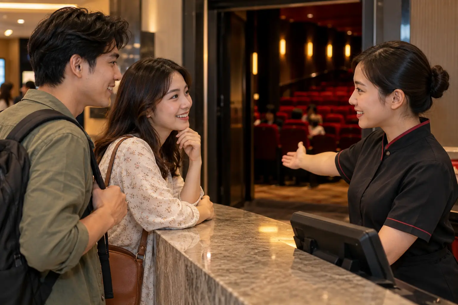 Hai khán giả trò chuyện với nữ nhân viên tại quầy rạp chiếu phim, phía sau là lối vào phòng chiếu có ghế đỏ.
