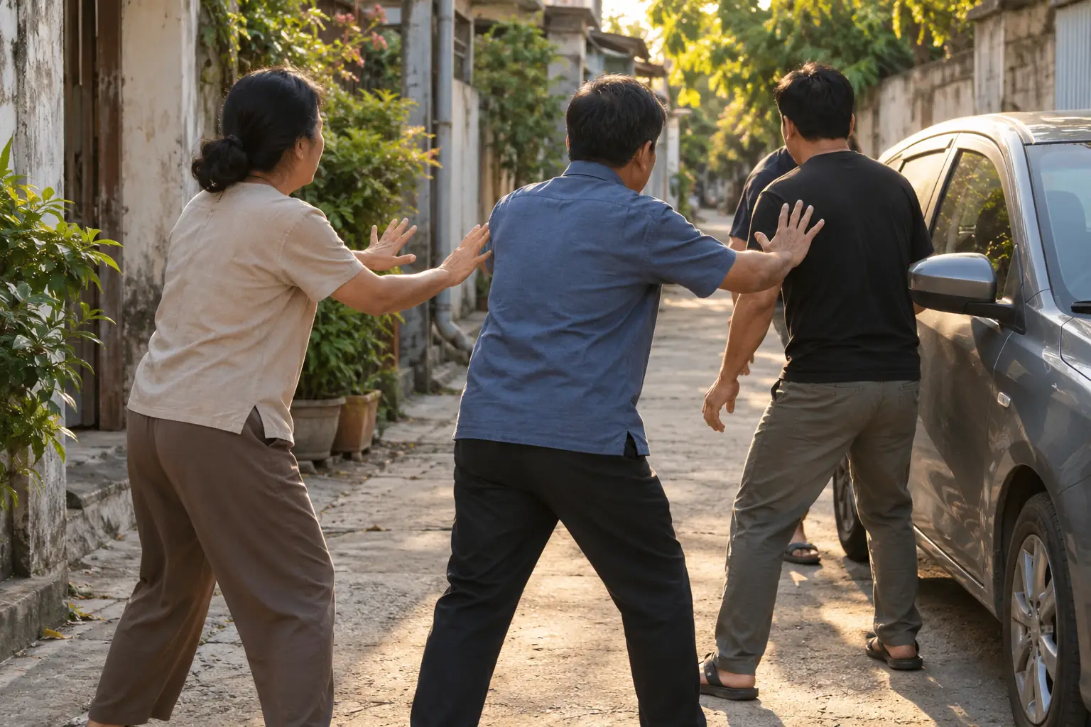 Những người dân nhìn từ phía sau đưa tay can ngăn một người đàn ông bên ô tô trong ngõ nhỏ.