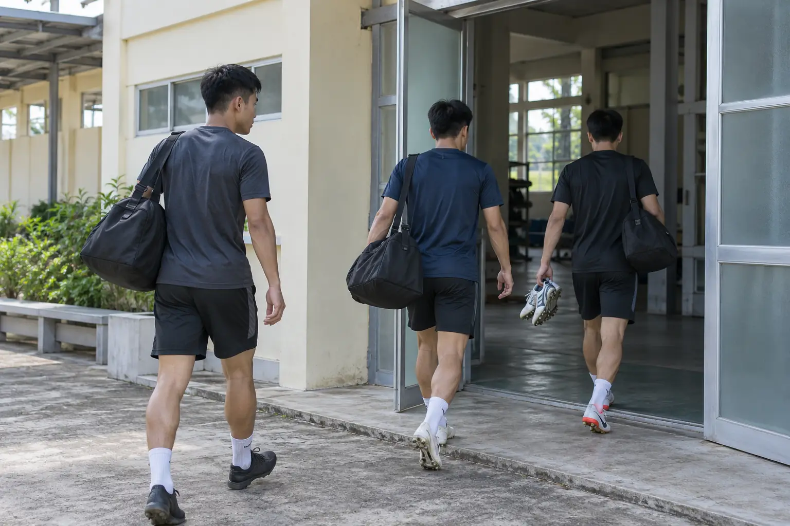 Ba cầu thủ vô danh đeo túi đồ đi qua lối vào khu tập luyện, nhìn từ phía sau; một người cầm đôi giày bóng đá.