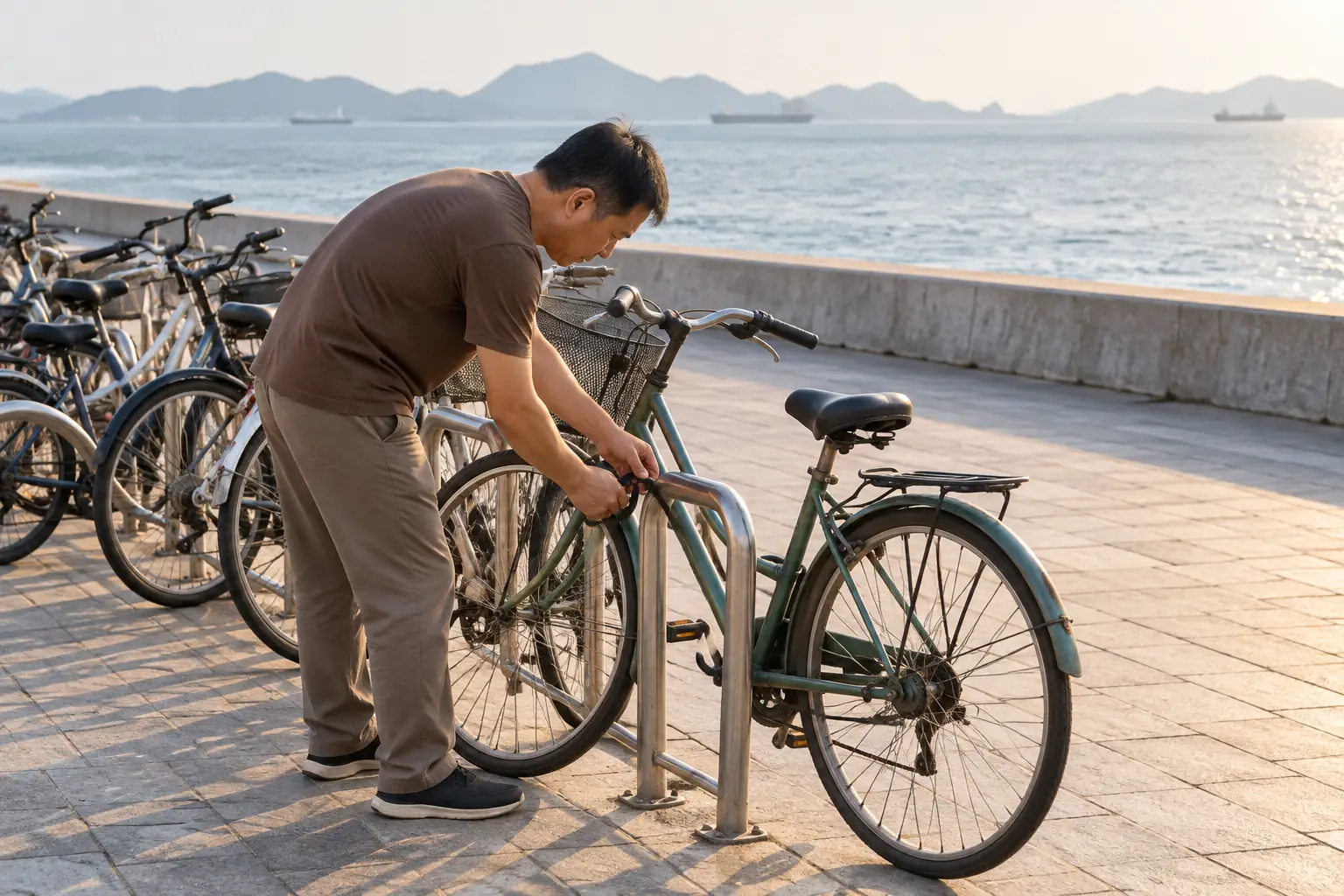 Người đàn ông cúi khóa xe đạp vào giá đỗ cạnh hàng xe trên lối đi ven biển.