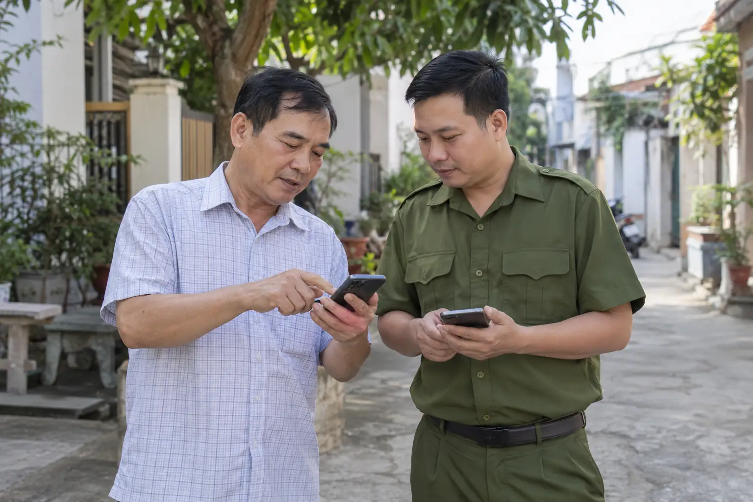 Hai người đàn ông trong khu dân cư cùng xem điện thoại, một người chỉ vào màn hình khi trao đổi với người mặc trang phục xanh ô li.