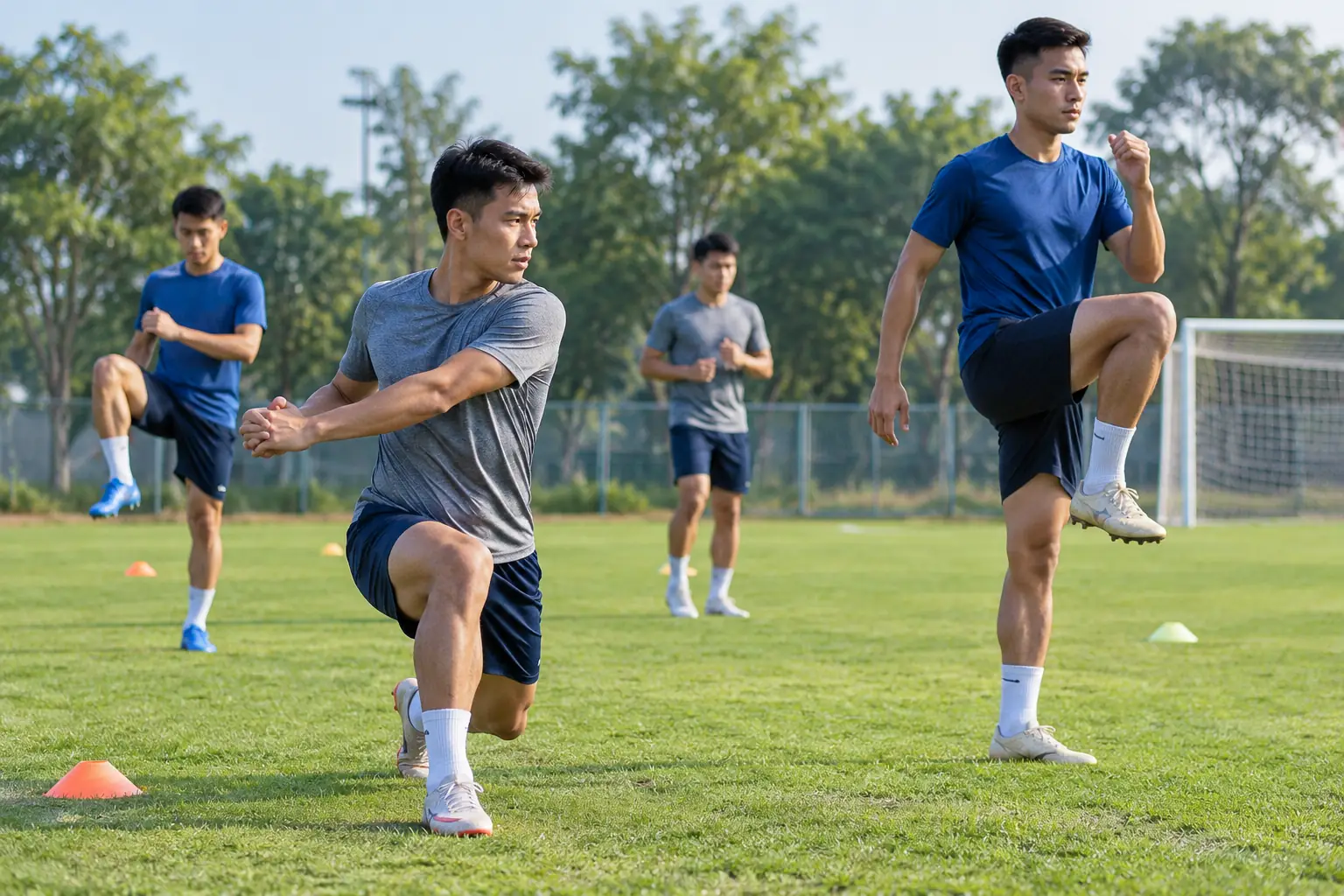 Bốn cầu thủ khởi động trên sân cỏ với các động tác chùng chân xoay thân và nâng cao gối dưới ánh sáng buổi sáng.