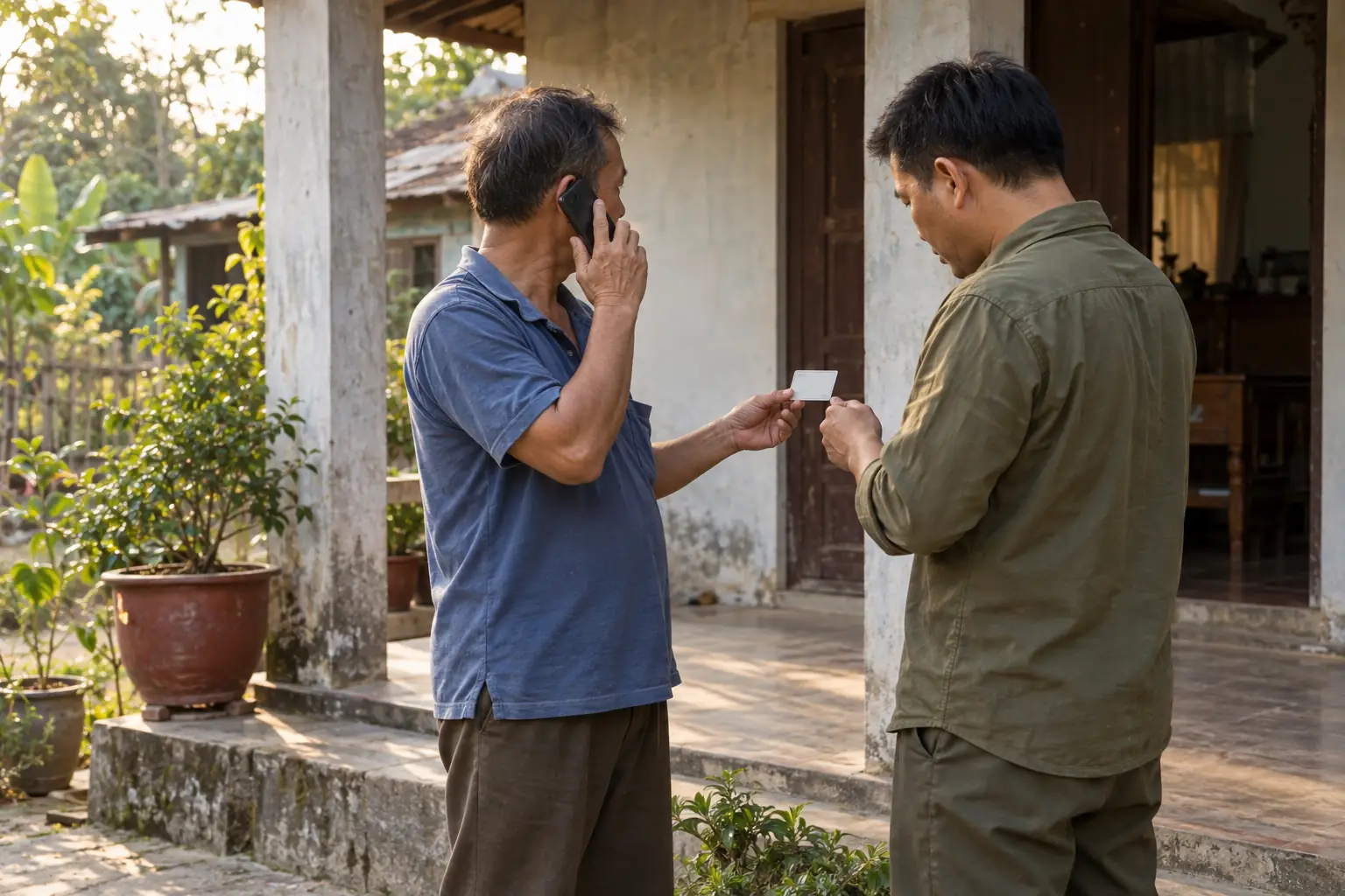 Hai người đàn ông đứng trước hiên nhà, một người gọi điện và đưa thẻ để người còn lại kiểm tra.