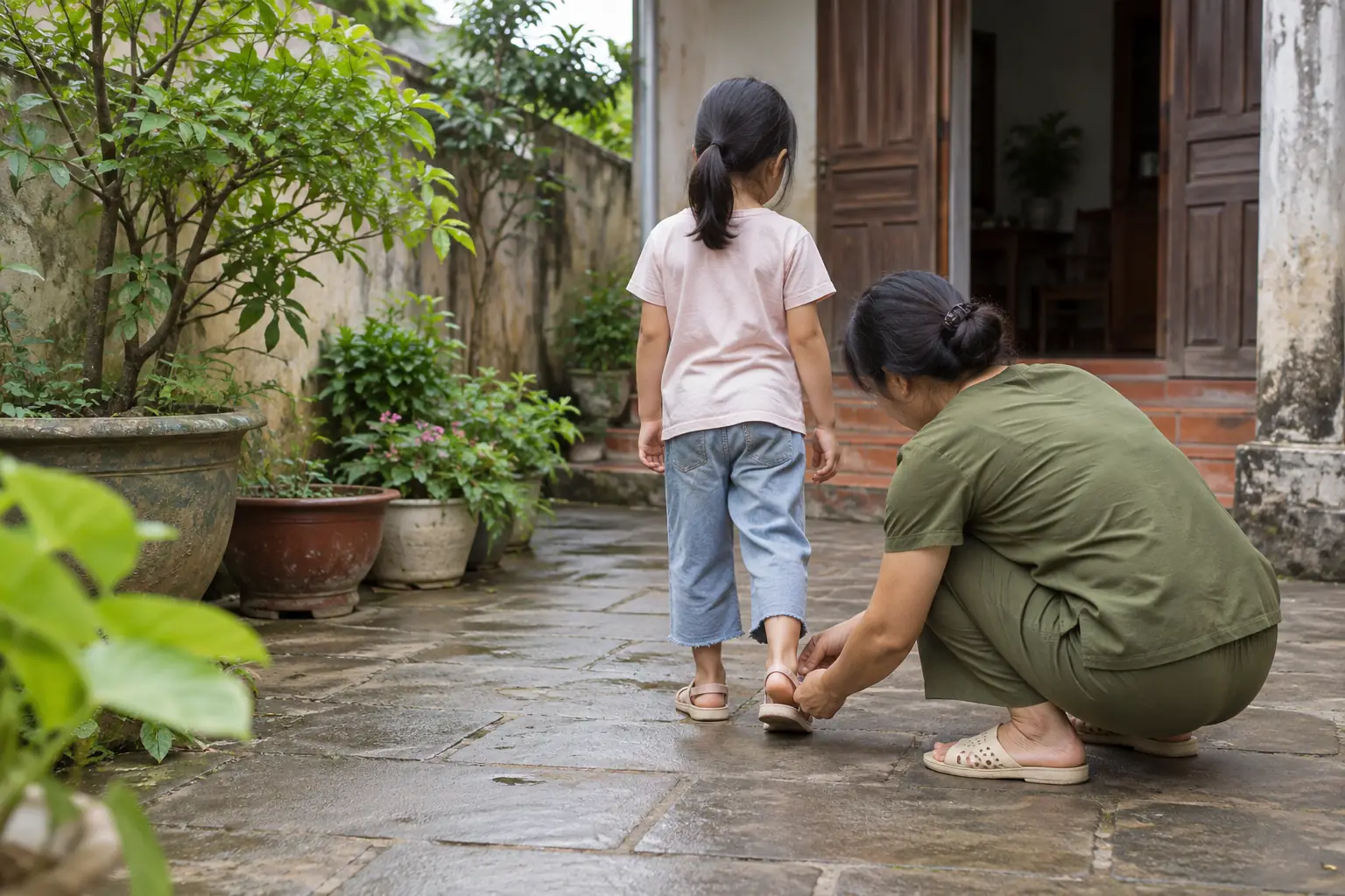 Một phụ nữ ngồi xổm chỉnh quai dép cho trẻ nhỏ quay lưng trong sân có cây xanh.