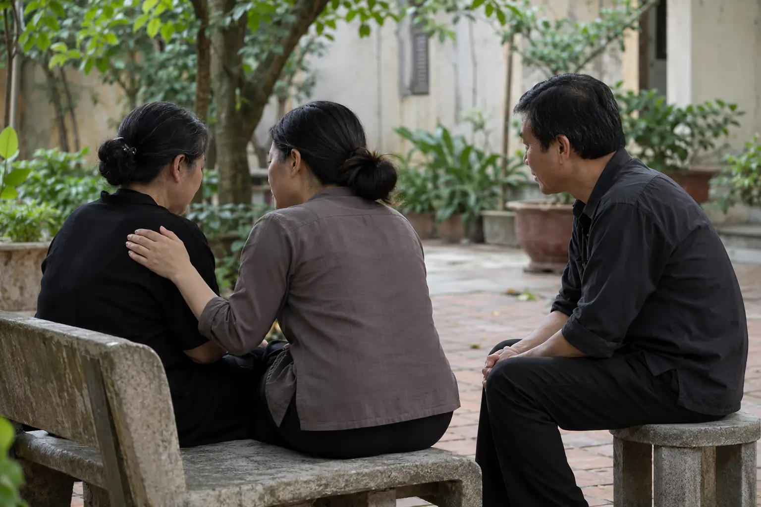 Ba người trưởng thành ngồi trong sân có cây xanh, một phụ nữ đặt tay lên vai người bên cạnh để an ủi, người đàn ông ngồi lắng nghe.