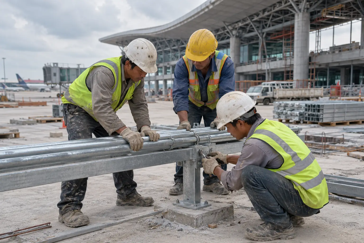 Ba công nhân đội mũ bảo hộ phối hợp lắp đặt cụm ống kim loại trước nhà ga sân bay đang xây dựng.