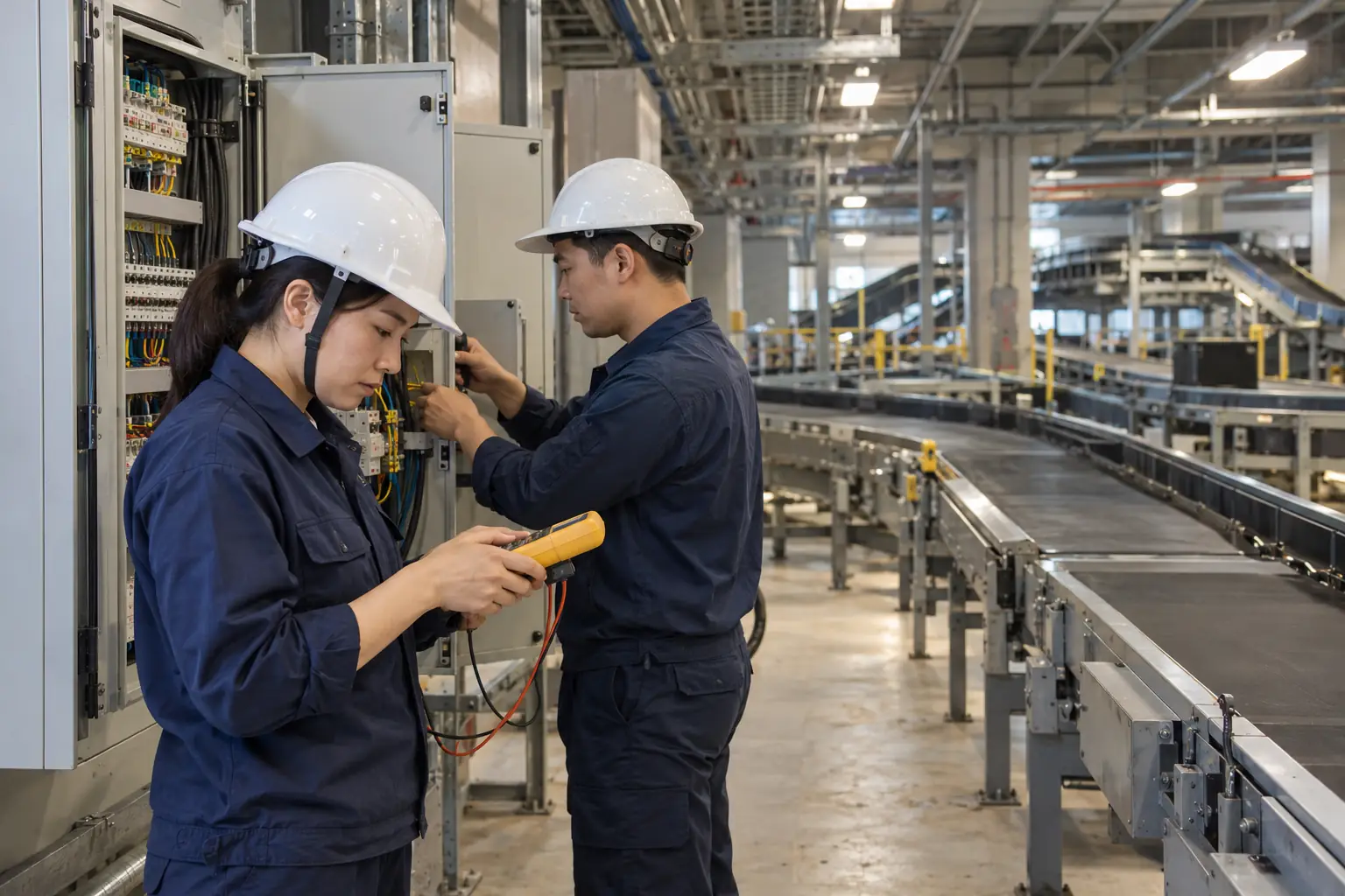 Hai kỹ thuật viên đội mũ bảo hộ kiểm tra tủ điện cạnh hệ thống băng chuyền hành lý trong nhà.