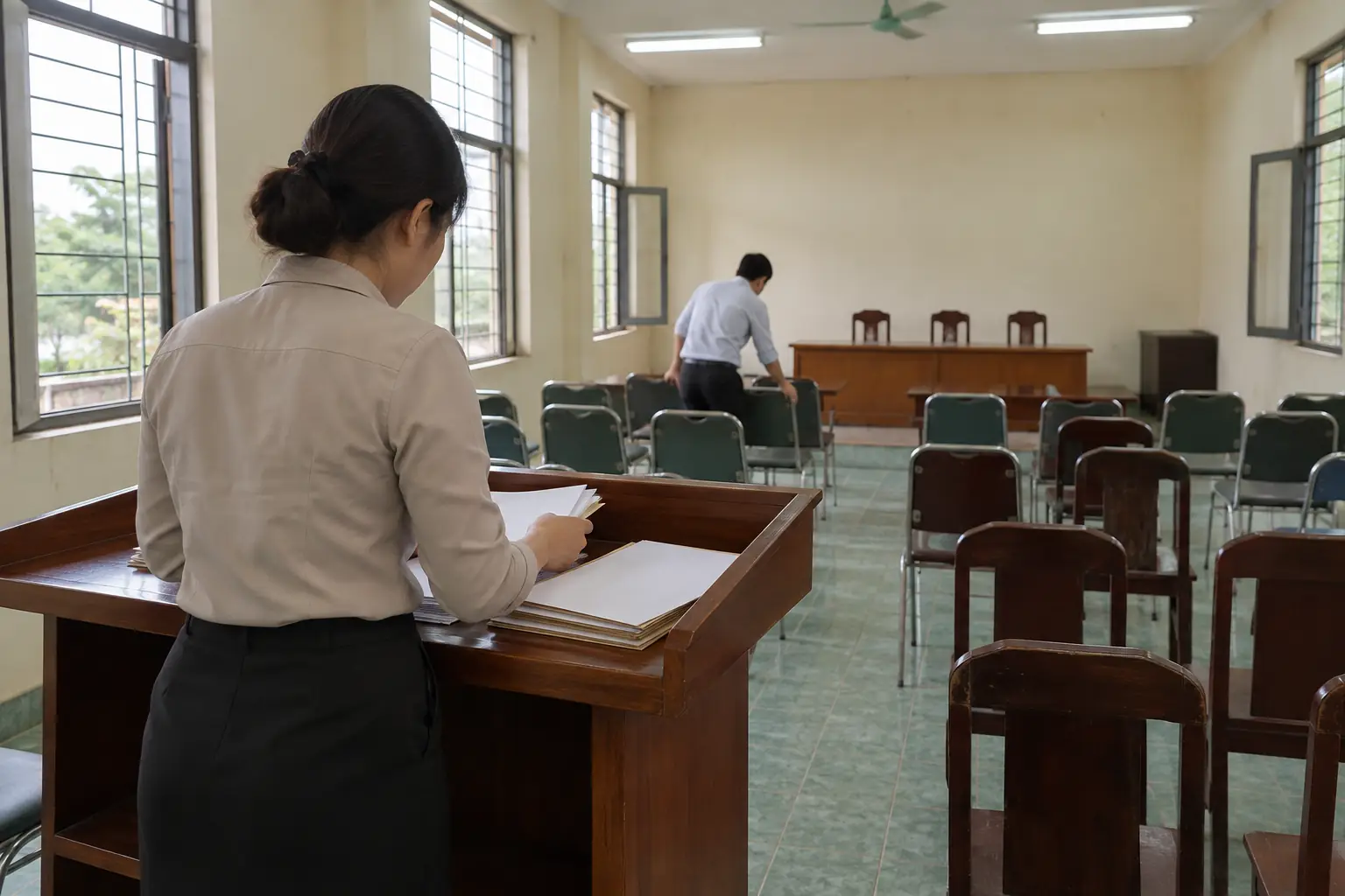 Một phụ nữ sắp xếp hồ sơ trên bục gỗ, phía sau là người đàn ông chỉnh ghế trong phòng đấu giá với nhiều hàng ghế trống.