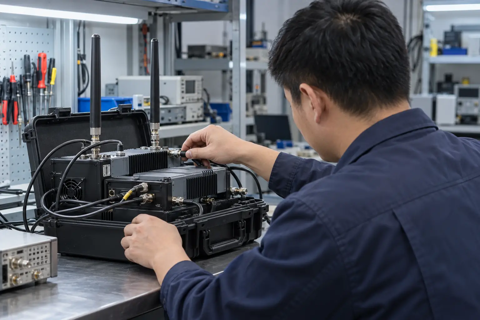 Người kỹ thuật viên nhìn từ phía sau đang kiểm tra kết nối dây của bộ thiết bị vô tuyến có hai ăng-ten trên bàn kim loại.