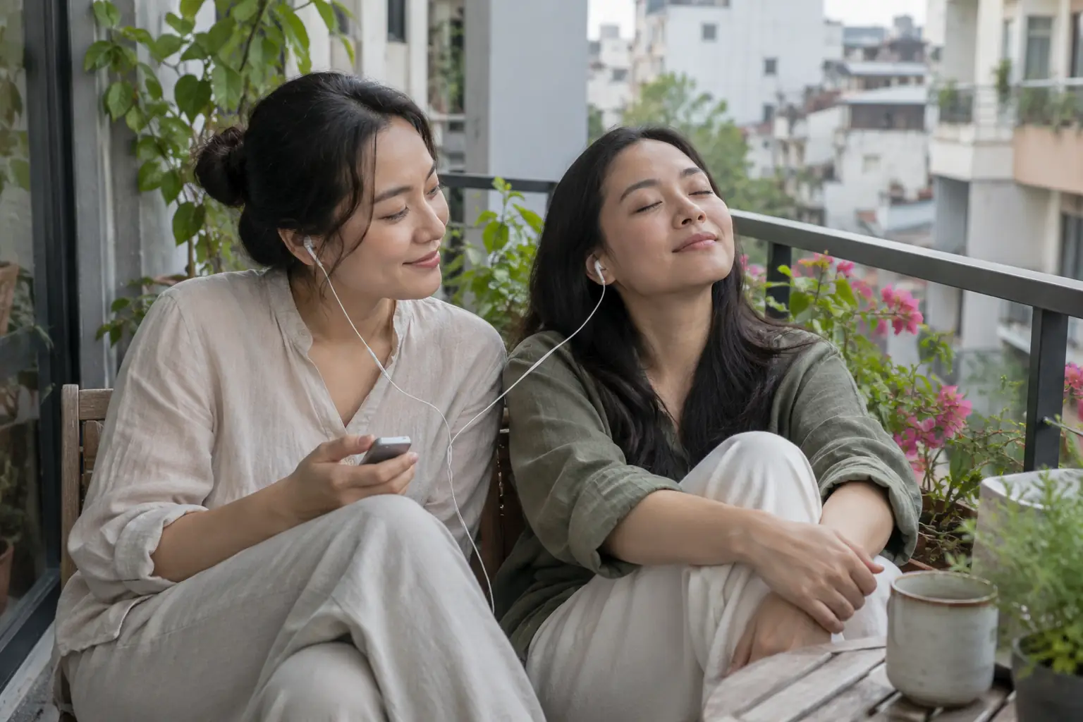Hai phụ nữ ngồi trên ban công nhiều cây xanh, mỗi người đeo một bên tai nghe để cùng nghe nhạc từ thiết bị cầm tay.