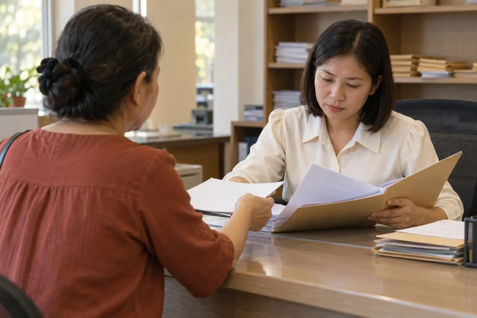 Hai phụ nữ trao đổi giấy tờ tại quầy, một người kiểm tra hồ sơ trong bìa mở, minh họa thủ tục đất đai.