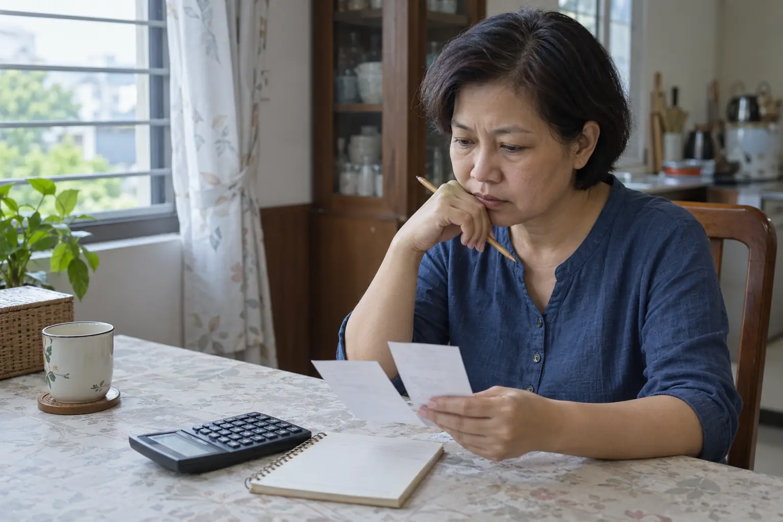 Người phụ nữ đối chiếu hai tờ giấy bên máy tính và sổ ghi chép trên bàn tại nhà.