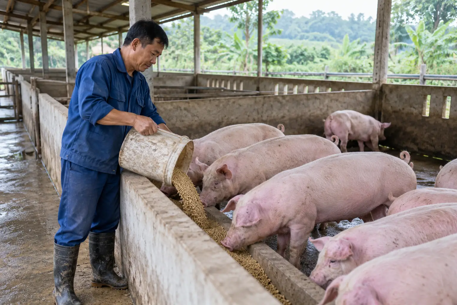 Người chăn nuôi mặc đồ bảo hộ xanh đổ thức ăn vào máng cho đàn heo trong chuồng trại thoáng mở.