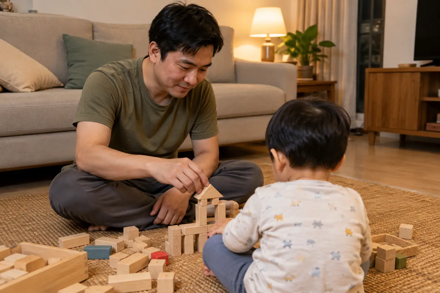 Người cha ngồi trên thảm cùng con nhỏ, xếp các khối gỗ trong phòng khách dưới ánh đèn ấm.