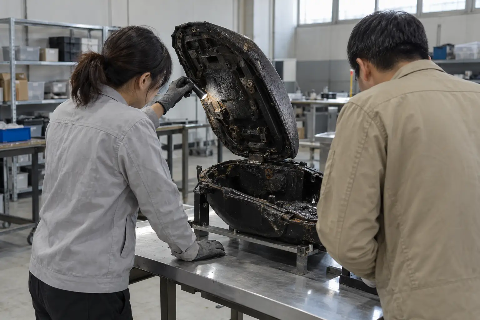 Hai người trong xưởng quan sát cụm yên và khoang dưới yên xe điện bị cháy sém, một người dùng đèn pin soi mặt dưới yên.