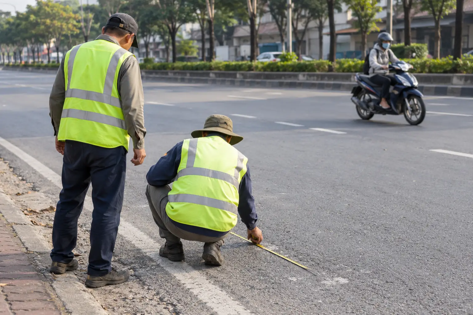 Hai người mặc áo phản quang kiểm tra mép đường, một người ngồi xổm kéo thước đo trong khi người đi xe máy chạy ở làn phía xa.