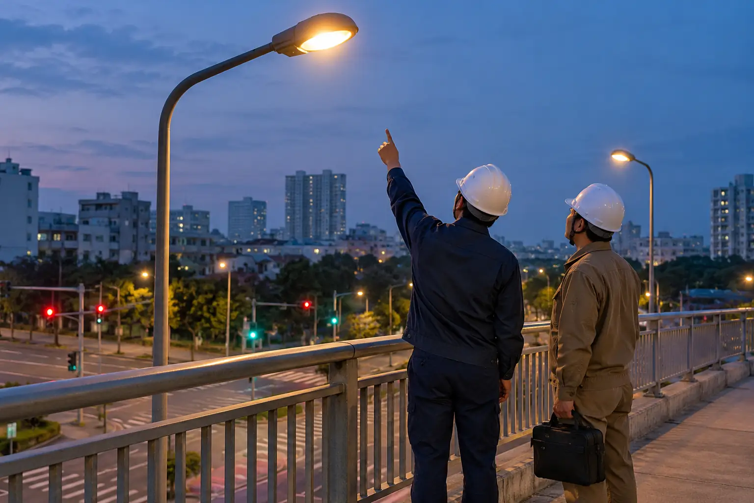 Hai nhân viên đội mũ bảo hộ quan sát đèn đường từ cầu đi bộ lúc chạng vạng, phía dưới là nút giao có đèn tín hiệu.