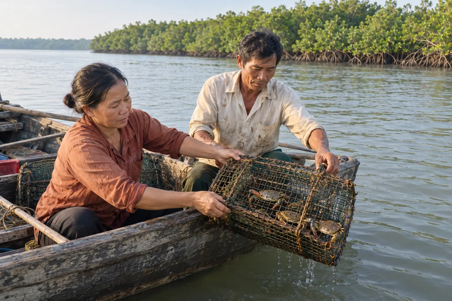 Hai người đánh cá trên thuyền gỗ cùng nâng lồng bắt cua, phía sau là dải rừng ngập mặn ven mặt nước.