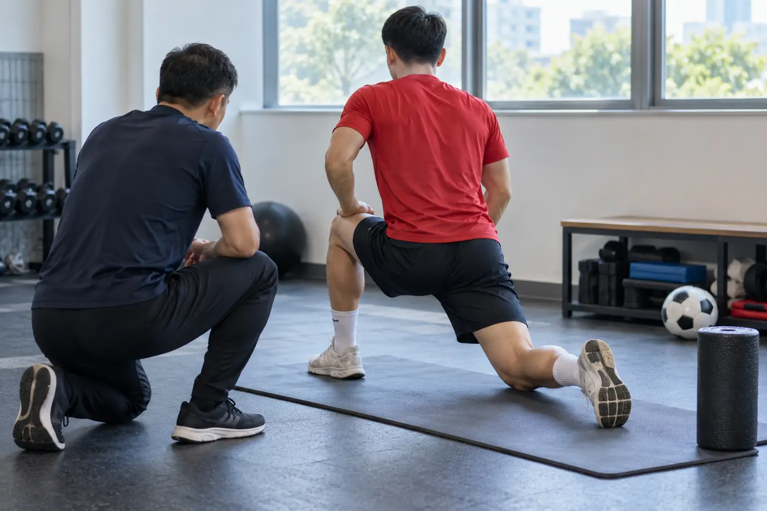 Vận động viên nhìn từ phía sau thực hiện động tác giãn cơ trên thảm, có người giám sát bên cạnh trong phòng tập với bóng đá và dụng cụ vận động.