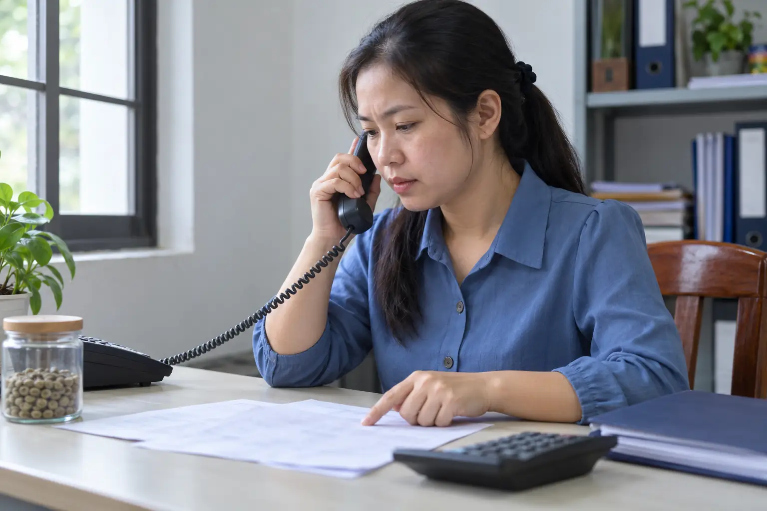 Người phụ nữ nghe điện thoại và đối chiếu giấy tờ trên bàn, cạnh lọ hạt cà phê nhân và máy tính cầm tay.