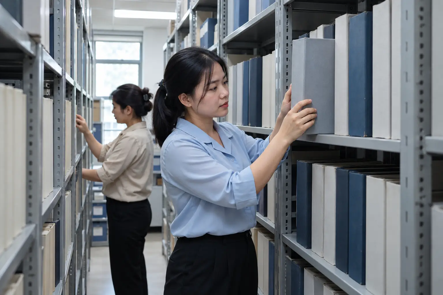 Hai phụ nữ kiểm tra các tập hồ sơ trên kệ kim loại trong phòng lưu trữ, người phía trước mặc áo xanh nhạt.