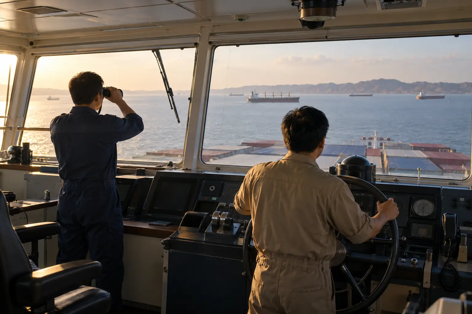 Ảnh minh họa AI: hai thuyền viên trong buồng lái tàu container, một người cầm vô lăng, người còn lại quan sát bằng ống nhòm.
