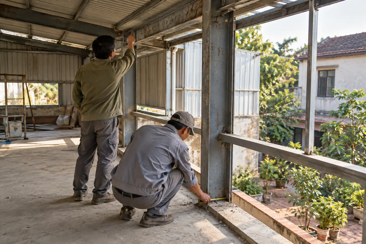 Hai người thợ kiểm tra dầm và đo chân cột bên trong một nhà khung thép, phía ngoài có sân gạch và cây trồng.